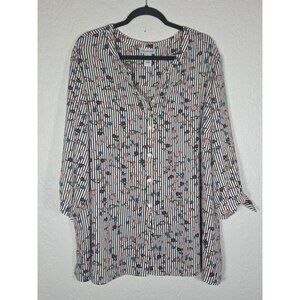 CATHERINES Womens Top Floral Striped Button Up  Size 3X Blouse Office
